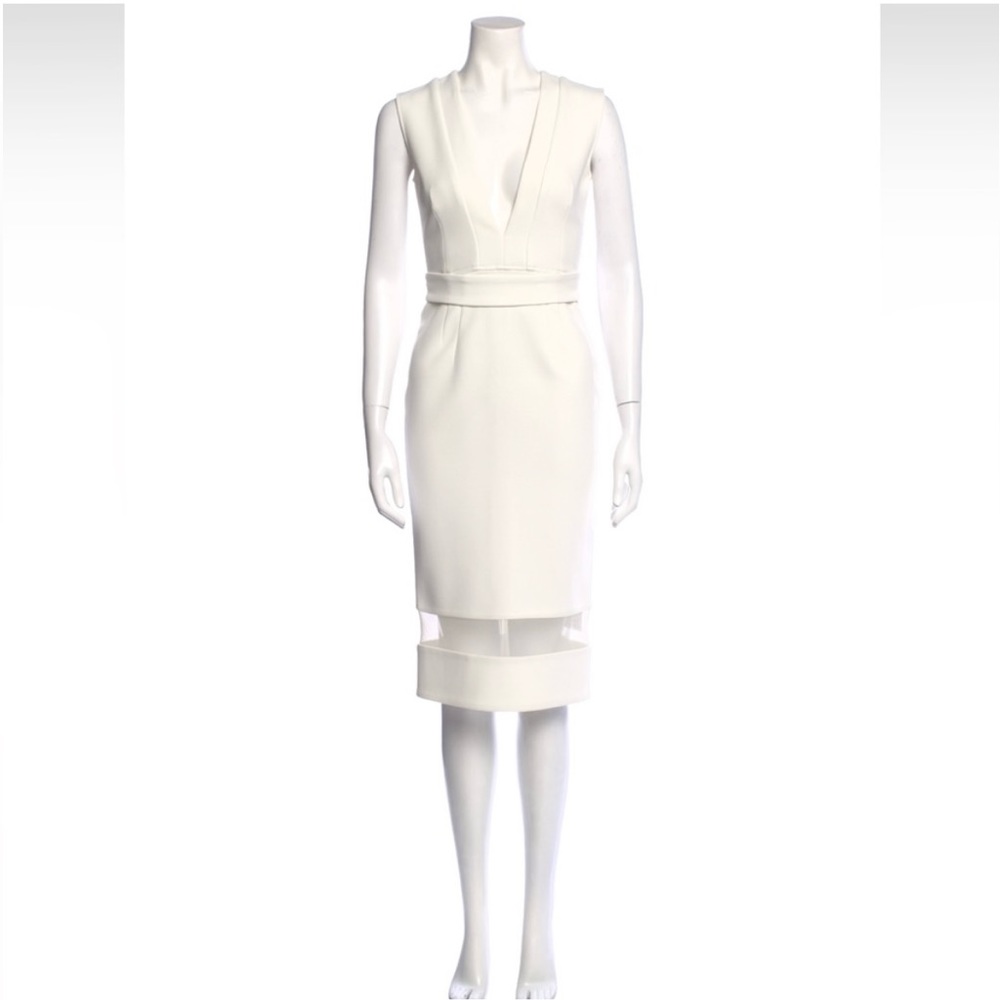 NICHOLAS White Deep V-neck Mesh Panel Midi Cocktail Dress